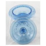 Depression Glass Blue Lidded Dish with Floral Pattern