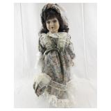 Porcelain Doll in Victorian Floral Dress with Lace and Hat