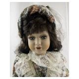 Porcelain Doll in Victorian Floral Dress with Lace and Hat