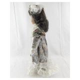 Porcelain Doll in Victorian Floral Dress with Lace and Hat
