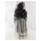 Porcelain Doll in Victorian Floral Dress with Lace and Hat