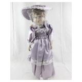 16 Inch Porcelain Doll in Lavender Dress with Hat and Curly Hair