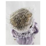 16 Inch Porcelain Doll in Lavender Dress with Hat and Curly Hair