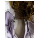 16 Inch Porcelain Doll in Lavender Dress with Hat and Curly Hair