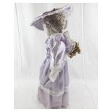 16 Inch Porcelain Doll in Lavender Dress with Hat and Curly Hair