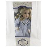 Genuine Porcelain Doll with Blonde Hair in Blue Striped Dress