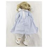 Genuine Porcelain Doll with Blonde Hair in Blue Striped Dress