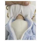 Genuine Porcelain Doll with Blonde Hair in Blue Striped Dress