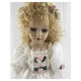 Porcelain Collectible Doll in White Lace Dress with Floral Accents