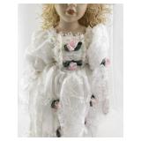 Porcelain Collectible Doll in White Lace Dress with Floral Accents