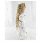 Porcelain Collectible Doll in White Lace Dress with Floral Accents
