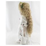 Porcelain Collectible Doll in White Lace Dress with Floral Accents