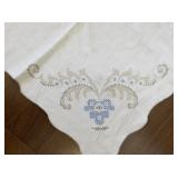Vintage Embroidered Tablecloth with Blue Floral Design