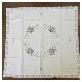 Vintage Embroidered Floral Tablecloth with Lace Trim