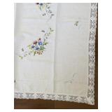 Vintage Embroidered Floral Tablecloth with Lace Trim