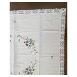 Vintage Embroidered Floral Tablecloth with Lace Trim