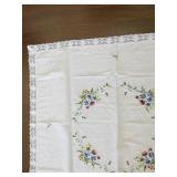 Vintage Embroidered Floral Tablecloth with Lace Trim