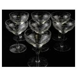 Set of 7 Vintage Etched Glass Champagne Coupes