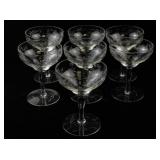 Set of 7 Vintage Etched Glass Champagne Coupes