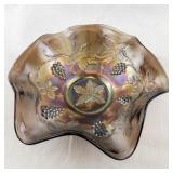 Antique Iridescent Carnival Glass Bowl with Grape and Leaf Design