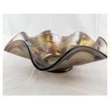 Antique Iridescent Carnival Glass Bowl with Grape and Leaf Design