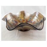 Antique Iridescent Carnival Glass Bowl with Grape and Leaf Design
