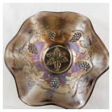 Antique Iridescent Carnival Glass Bowl with Grape and Leaf Design