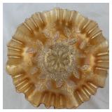 Vintage Marigold Carnival Glass Ruffled Bowl with Leaf Pattern 8.5 Inch