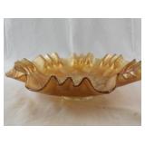 Vintage Marigold Carnival Glass Ruffled Bowl with Leaf Pattern 8.5 Inch
