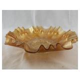 Vintage Marigold Carnival Glass Ruffled Bowl with Leaf Pattern 8.5 Inch