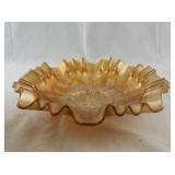 Vintage Marigold Carnival Glass Ruffled Bowl with Leaf Pattern 8.5 Inch