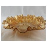 Vintage Marigold Carnival Glass Ruffled Bowl with Leaf Pattern 8.5 Inch