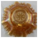 Vintage Marigold Carnival Glass Ruffled Bowl with Leaf Pattern 8.5 Inch