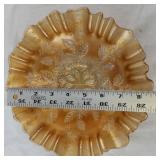 Vintage Marigold Carnival Glass Ruffled Bowl with Leaf Pattern 8.5 Inch