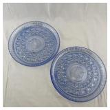 Pair of Blue Pressed Glass Plates with Sunburst Pattern, 11 Inches