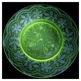 Vintage Green Uranium Glass Plate with Etched Floral Design