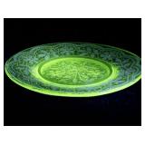 Vintage Green Uranium Glass Plate with Etched Floral Design