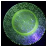 Vintage Green Uranium Glass Plate with Etched Floral Design