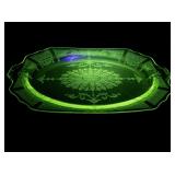 Vintage Green Uranium Glass Oval Serving Platter with Etched Design