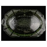 Vintage Green Uranium Glass Oval Serving Platter with Etched Design