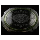 Vintage Green Uranium Glass Oval Serving Platter with Etched Design