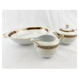 Noritake Corona Oval Serving Bowl, Sugar Bowl, and Creamer Set with Gold Trim