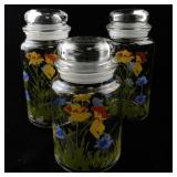 Set of 3 Vintage Glass Canisters with Floral Design and Lids