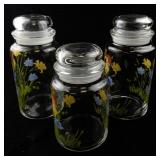 Set of 3 Vintage Glass Canisters with Floral Design and Lids