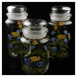 Set of 3 Vintage Glass Canisters with Floral Design and Lids