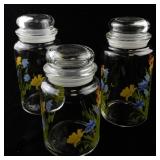 Set of 3 Vintage Glass Canisters with Floral Design and Lids