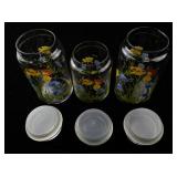 Set of 3 Vintage Glass Canisters with Floral Design and Lids