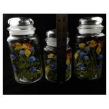 Set of 3 Vintage Glass Canisters with Floral Design and Lids