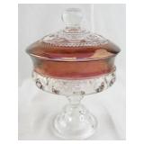 Vintage Glass Compote Dish with Ruby Red Rim and Lid