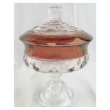 Vintage Glass Compote Dish with Ruby Red Rim and Lid